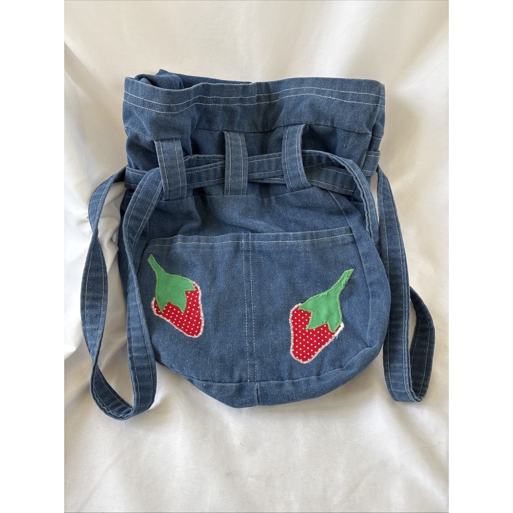 Vintage Denim Jean Strawberry Fruit Satchel Cinch Handbag Blue 14x12"